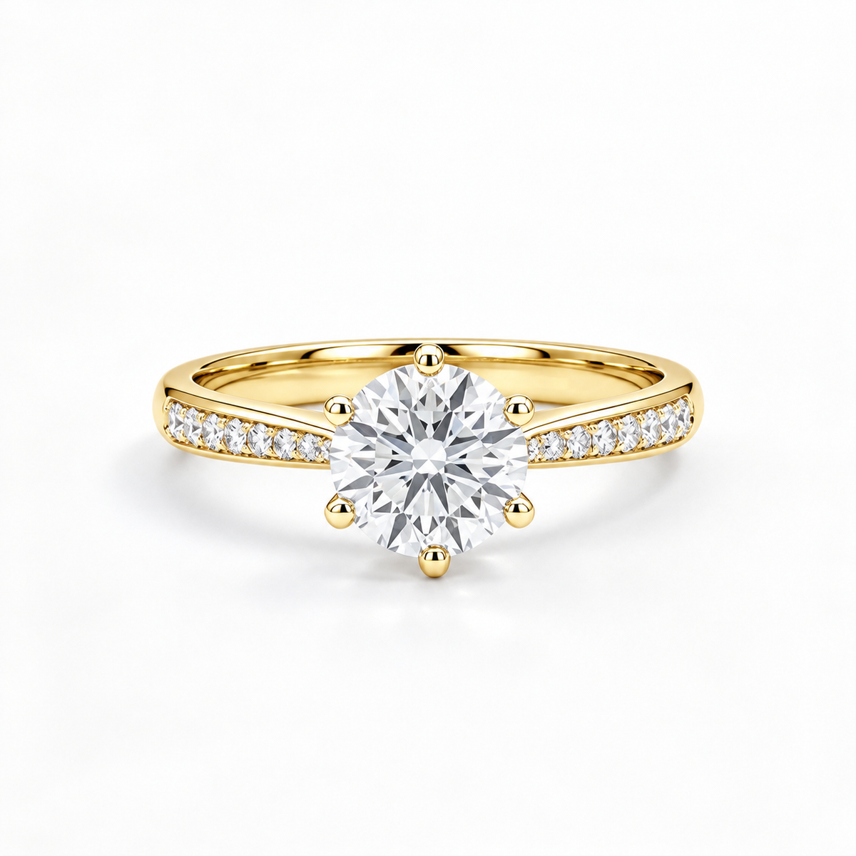 Streamlined Pave Band 6-Prong Round Diamond Ring