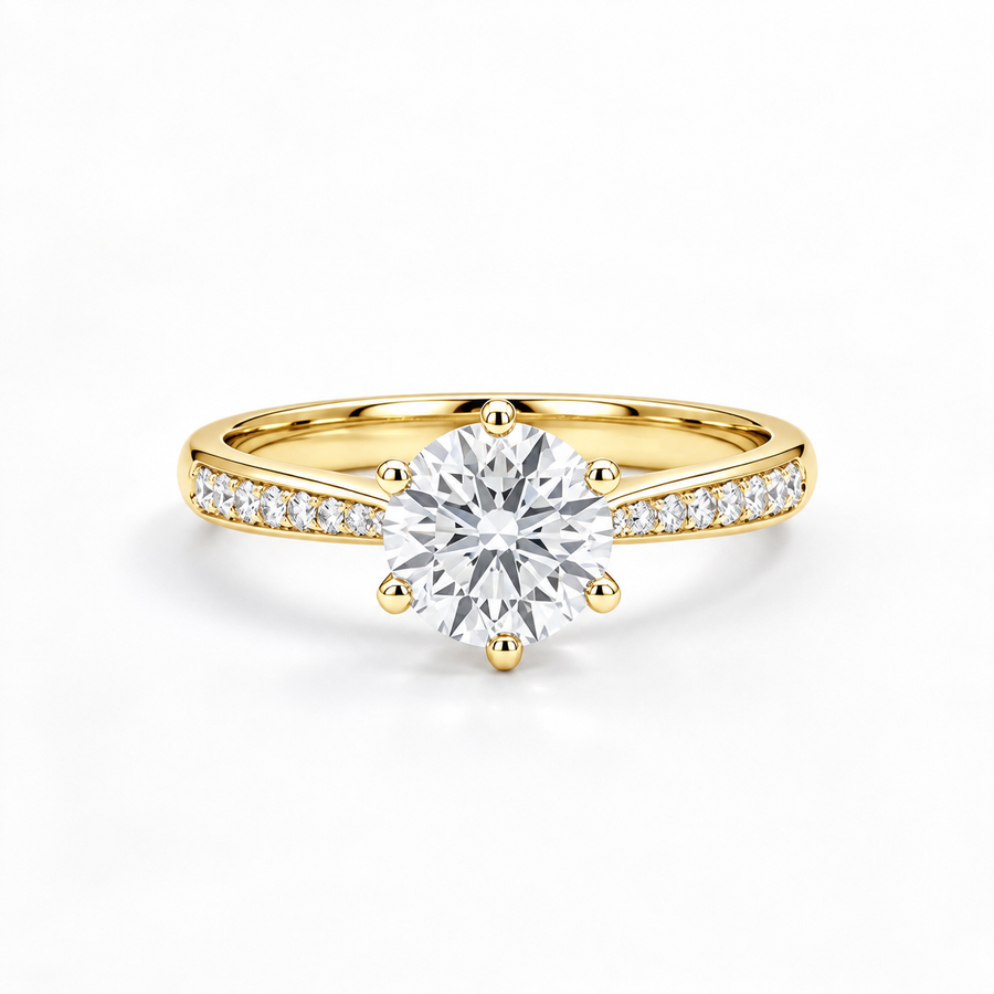 Streamlined Pave Band 6-Prong Round Diamond Ring