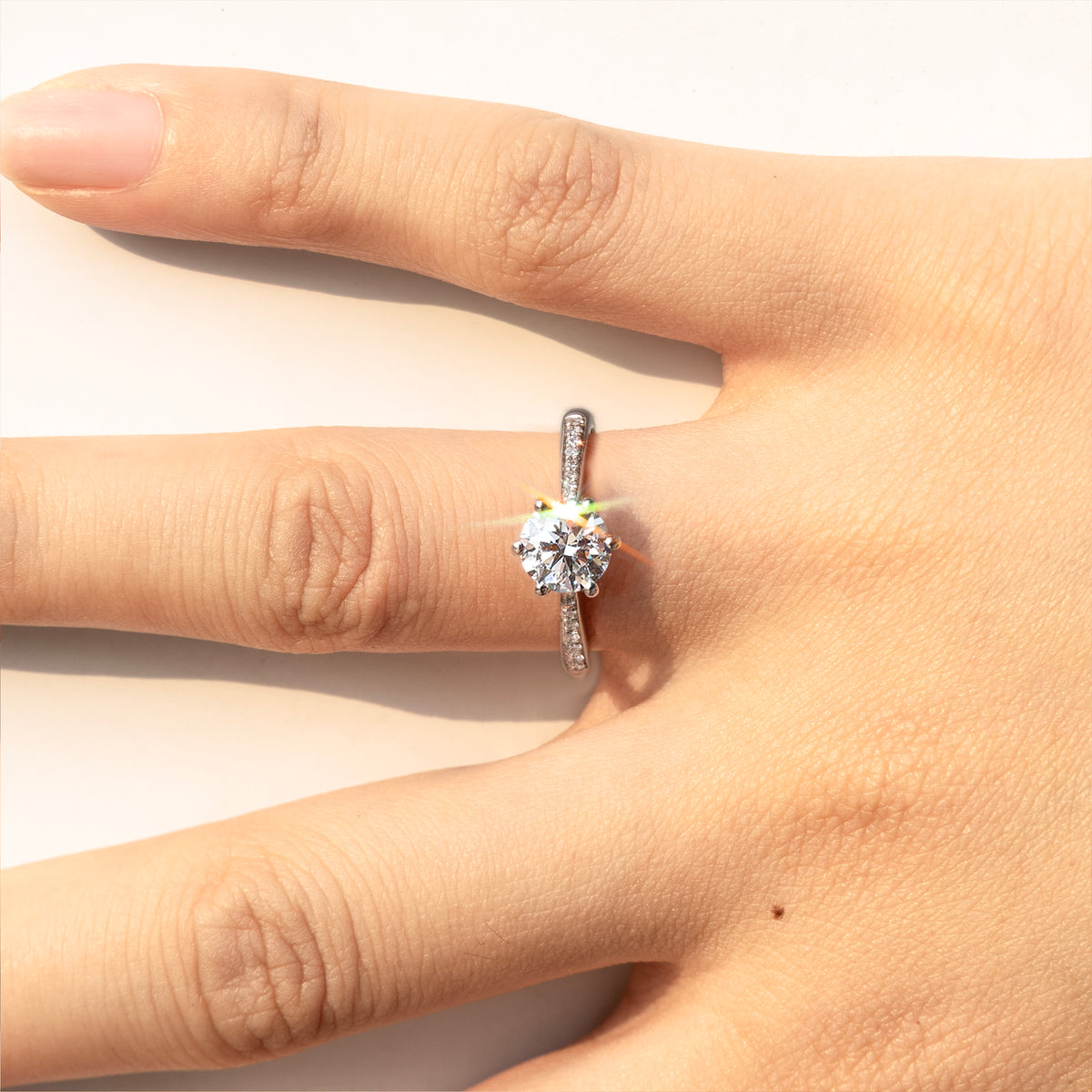 Streamlined Pave Band 6-Prong Round Diamond Ring