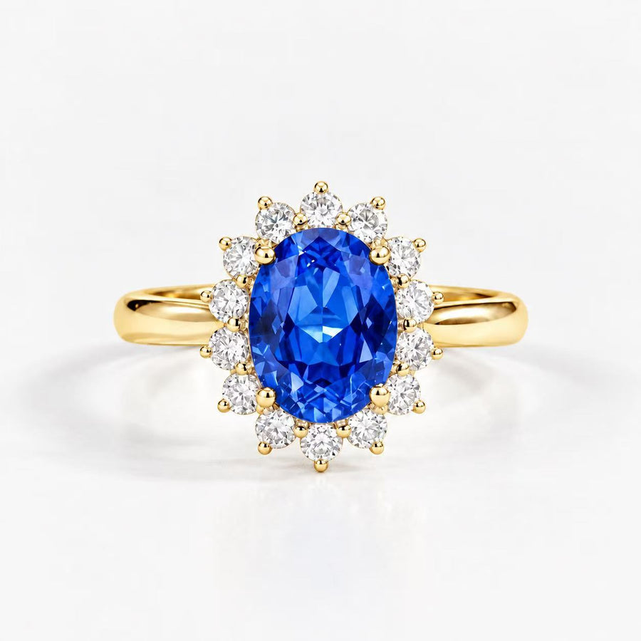Deep Sea Star Crown Sunflower Halo Sapphire Ring