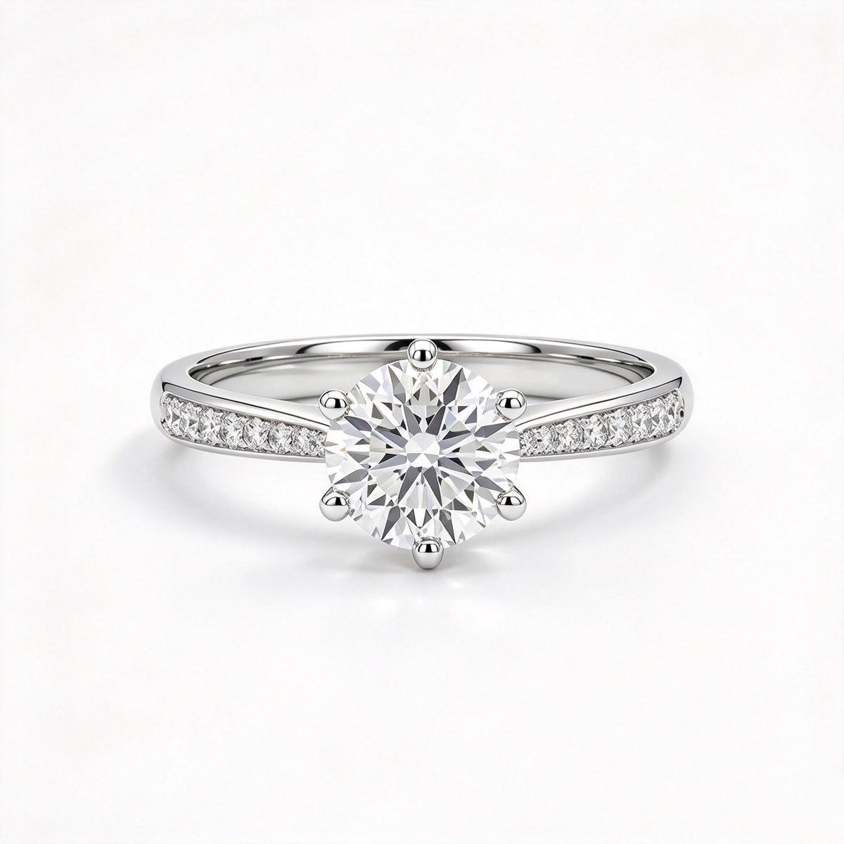Streamlined Pave Band 6-Prong Round Diamond Ring
