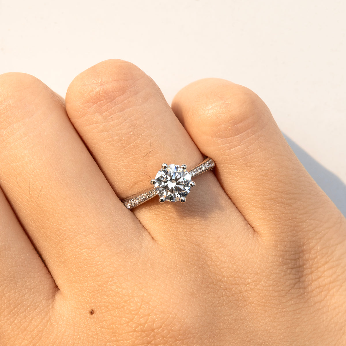 Streamlined Pave Band 6-Prong Round Diamond Ring