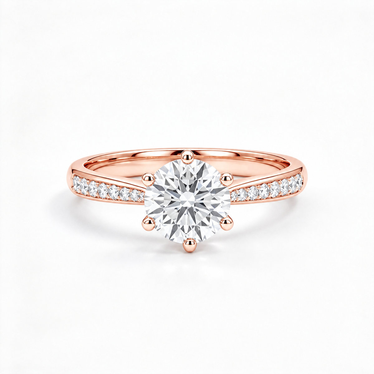 Streamlined Pave Band 6-Prong Round Diamond Ring